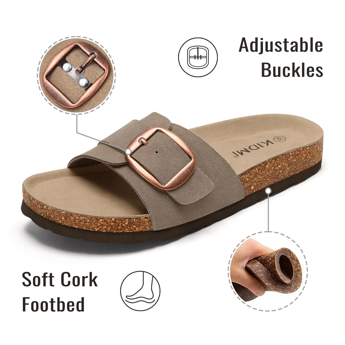 Bebealy Women's Suede Cork Sandals with Arch Support Soft Cork Footbed Slippers Summer Beach Slides Lady Genuine Clogs Slippers