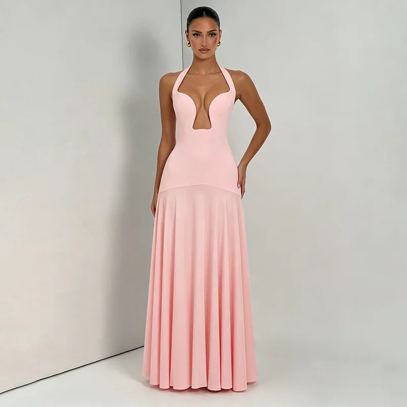 2026 NEW Summer Women Halter Front Cut Out V Neck Bodycon Maxi Dress Sleeveless Sexy Elegant Club Evening Party Long Dress