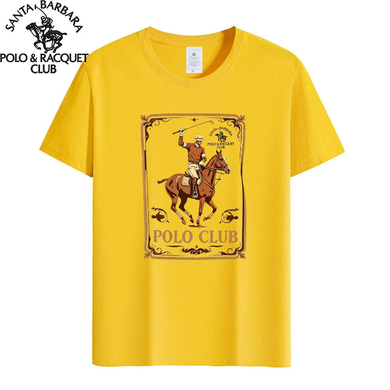 Santa Barbara Polo & Racquet Club Men's T-shirt Vintage Polo Player Print 100% Cotton Casual O-Neck Tee