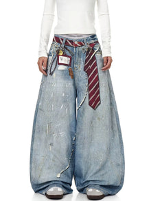 Women's Distressed Denim Wide Leg Jeans Y2K Grunge Style Tie & Pearl Chain Printing High Waist Casual Streetwear Trousers