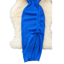 Women's Blue Sleeveless Crew Neck Ruched Side Sundress Stretchy Ribbed Knit Bodycon Midi Dress Slit Summer Daily Party Dress