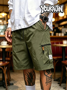 Summer Men's Quick Dry Cargo Shorts Loose Fit Elastic Waist Drawstring Multi Zipper Pockets Outdoor Fishing Hiking EU Size