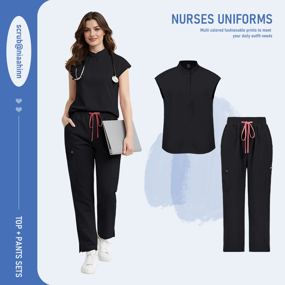 Niaahinn Scrub Women High Quality Short Sleeve Top Wide Leg Pants Hospital Uniforms Stretch Scrubs Medical Nursing Uniform Sets