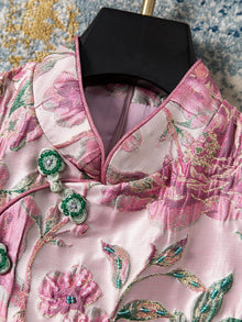 Women Peony Chinese Style Beaded Rhinestone Cheongsam Dress Mandarin Collar Sleeveless Luxury Party Vintage Dress