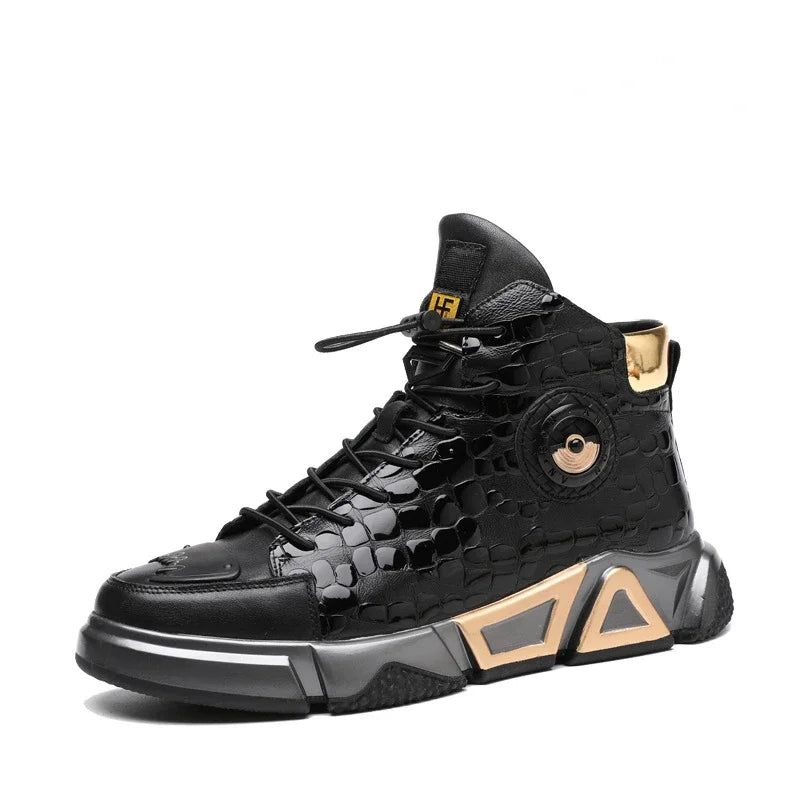 Bottes de protection hip-hop mode 2026 pour hommes, baskets montantes en cuir noir, chaussures de ville de luxe de créateur