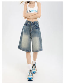 2026 Korean Street Casual Y2K Loose Wide-leg Denim Shorts Five-point Baggy Jeans Women's All-match Straight Summer Hot Shorts