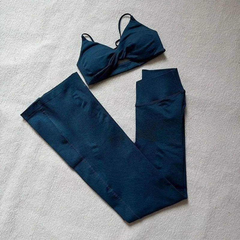 NO LOGO 2 Pieces Flared Legging Set Women Twist Front Sports vest Top Wide Leg Yoga Pants Seamless Yoga Set Tracksuits Workout