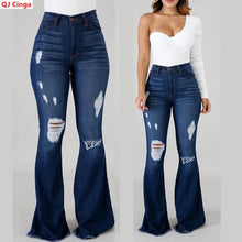 Spring and autumn Women's Blue Ripped Flared Jeans, Black Stretch Denim Pants, Stylish Casual Trousers.