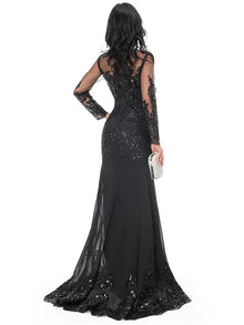 Mermaid / Trumpet Evening Gown Sparkle Dress Homecoming Sweep / Brush Train Long Sleeve Illusion Neck Lace with Appliques 2023