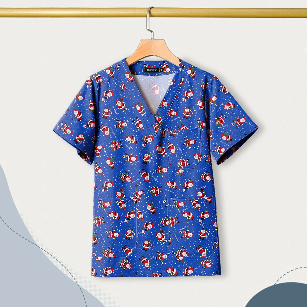 Nursing Uniforms Cartoon Printed Medical Elastic Hospital Doctor Unisex Halloween Christmas Costumes Women Men Nurse Scrubs Tops
