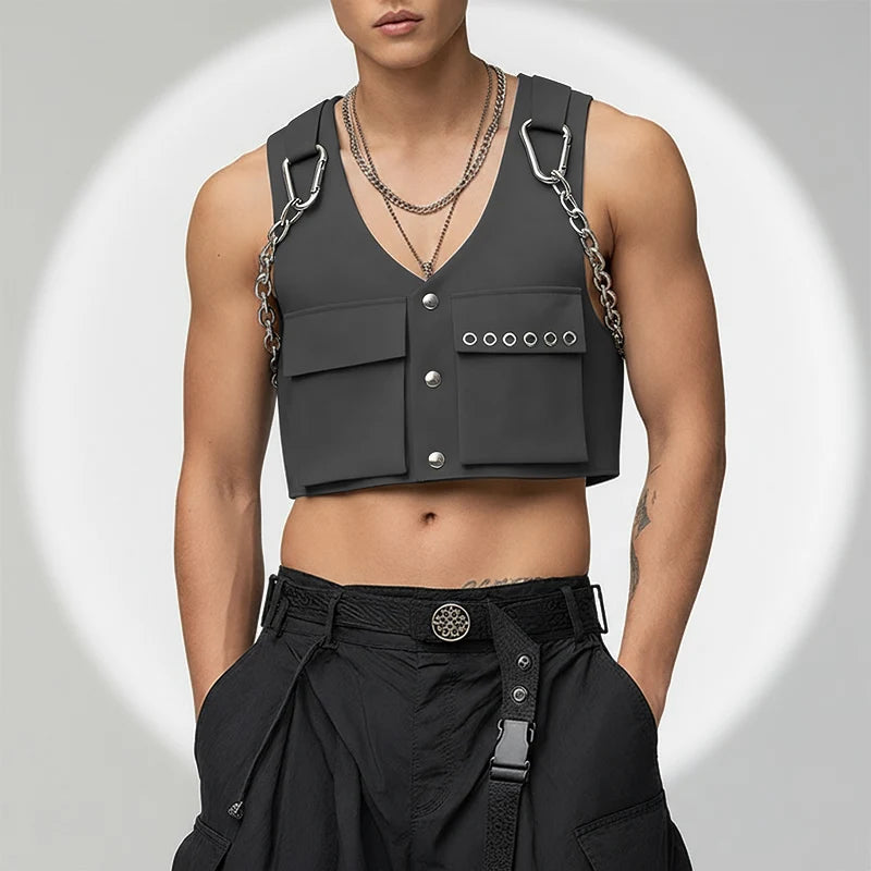 INCERUN Men Vests Solid Color Chain Decoration V Neck Sleeveless Crop Tops Men Streetwear Fashion Casual Male Waistcoats S-3XL