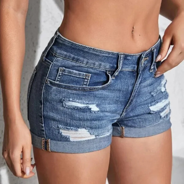 Shorts en jean fendus pour femmes, style sauvage, sexy, taille mi-haute, revers retroussés, perforés, élastiques, coupe ajustée, décontractés
