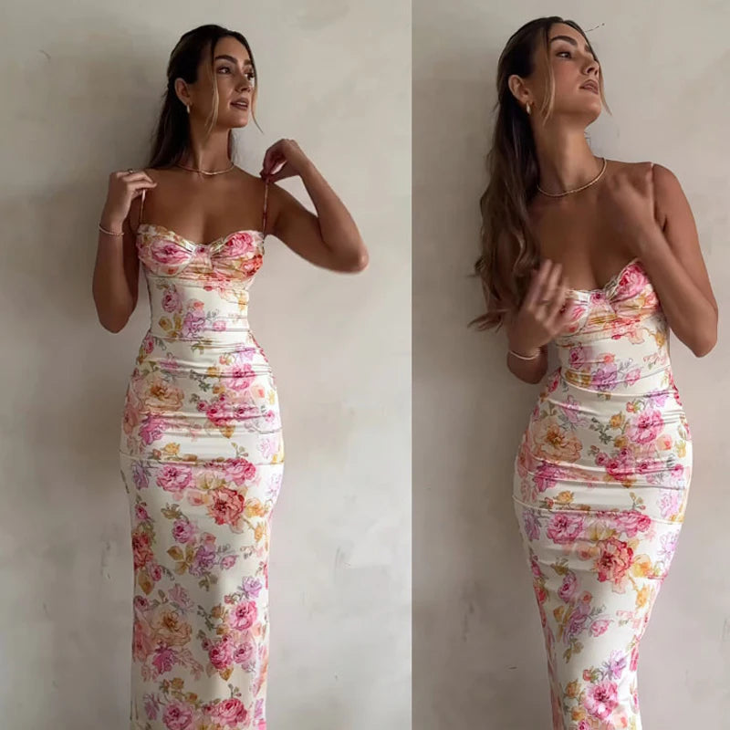 Floral Suspender Spaghetti Strap Beach Dress For Women
