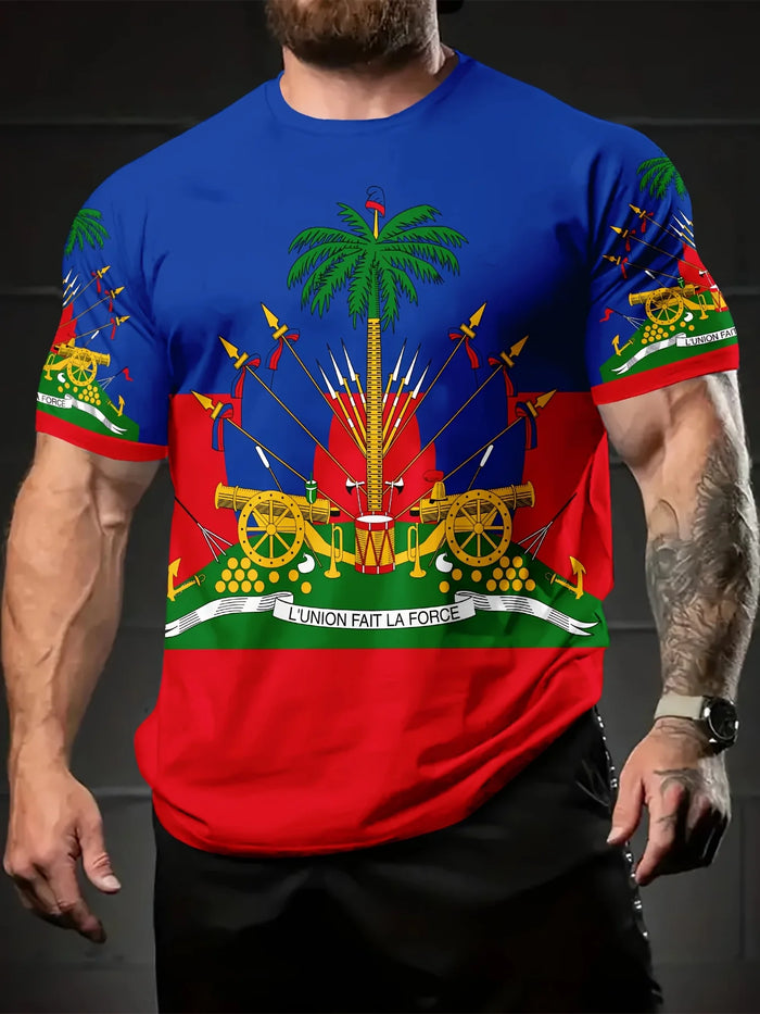 T-shirt fantaisie pour homme | Haut décontracté en polyester multicolore vif avec imprimé du drapeau haïtien et d'un canon | Col rond, coupe droite