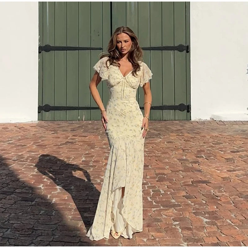 Fashion V-neck Floral Women Maxi Dress Flutter Sleeve Lace Trim High Waist Chiffon Vestidos Summer Female Daily Vacation Dresses