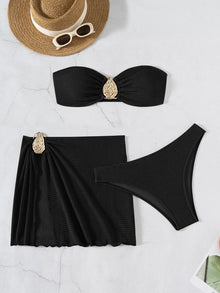 Coffee Bandeau Bikini Set With Mesh Skirt 3 Piece Swimwear