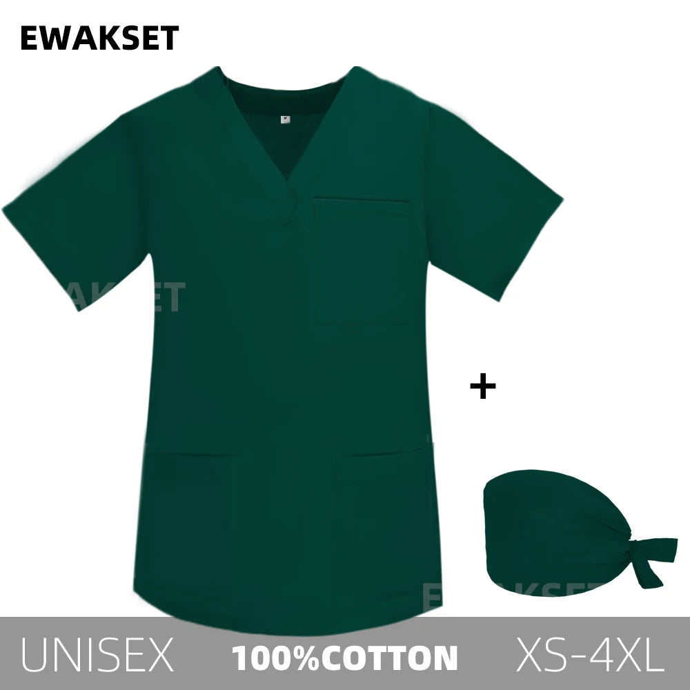 Unisex Solid Surgical Top 100% Cotton Shirt medical Uniforms Short Sleeve V-neck 3 Pocket Scrub Tops for Women Men