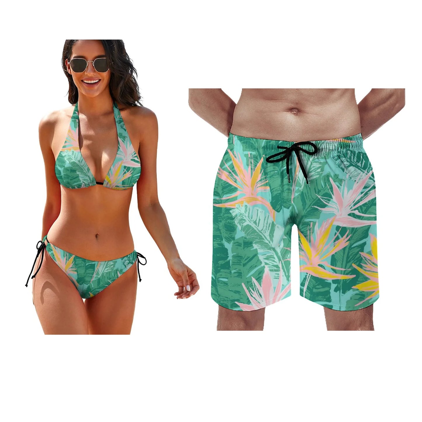 Polynesian Custom Bikini Beach Couple Set Push Up Swimwear with Chest Pad Strap Swimwear Beach Trousers Surfing Couple