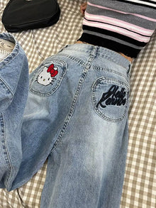 Jeans Harajuku Sanrios Y2K Hello Kittys Trend Anime Kawai Kt Wide Leg Pants Loose for Women Trouser Street Student Casual Fashio