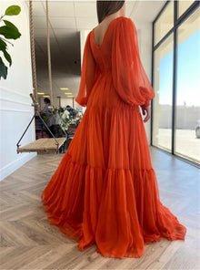 Bridalaffair Pleat Tulle Princess Prom Gown V-Neck Long Puff Sleeve Plus Size Evening Gown Elegant Dress Women for Wedding Party