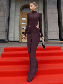 Robe longue élégante Nibber style hipster, sans taille, froncée, col roulé, manches longues, design évidé, pour femme, style automne, idéale pour bal ou soirée, coupe moulante