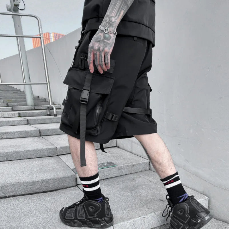 2023 Multi Pockets Street Punk Hip Hop Cargo Shorts Mens Tactical Techwear Knee Length Wide Leg Short Pants