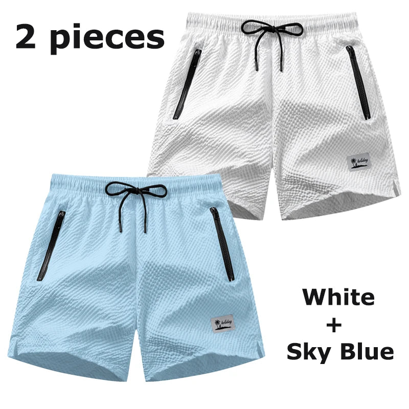 Mens Seersucker Beach Shorts With Mesh Liner Quick Dry