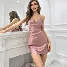 Fashion Solid Color V-neck Home Nightgown Women's Backless Cross Suspender Skirt Butterfly Decoration Simulation Silk Thin Dress