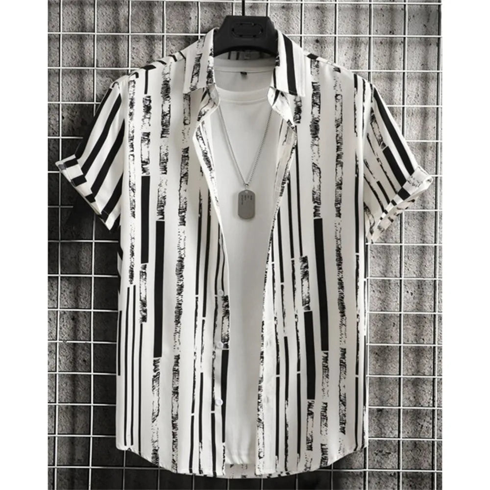 Summer Fashion 3D Print Striped Men's Shirts Basic GraphicsButton Short Sleeve Lapel Streetwear Hawaiian Blouse Shirts for Men