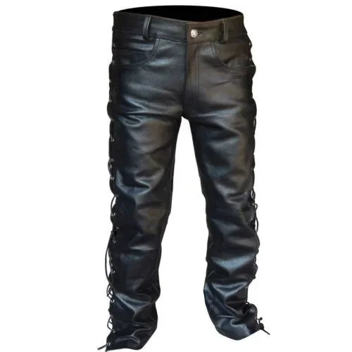 Pantalon de moto en cuir noir pour homme, style jean à lacets latéraux, pantalon en cuir épais