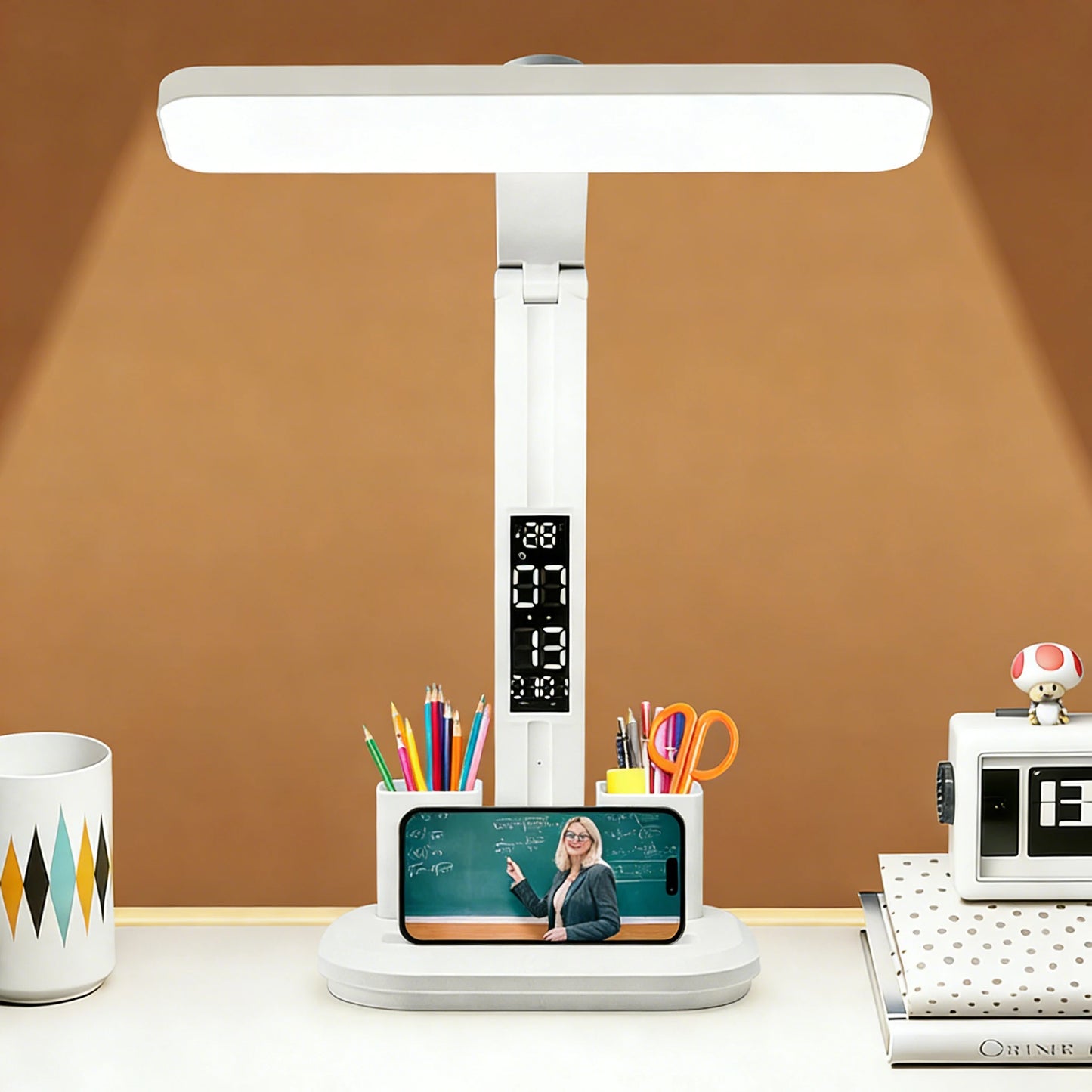 LED Desk Lamp with Digital Clock, Dimmable Eye-Caring Light with Pen Holder, USB Charging for Study, Home