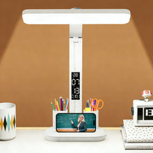 LED Desk Lamp with Digital Clock, Dimmable Eye-Caring Light with Pen Holder, USB Charging for Study, Home