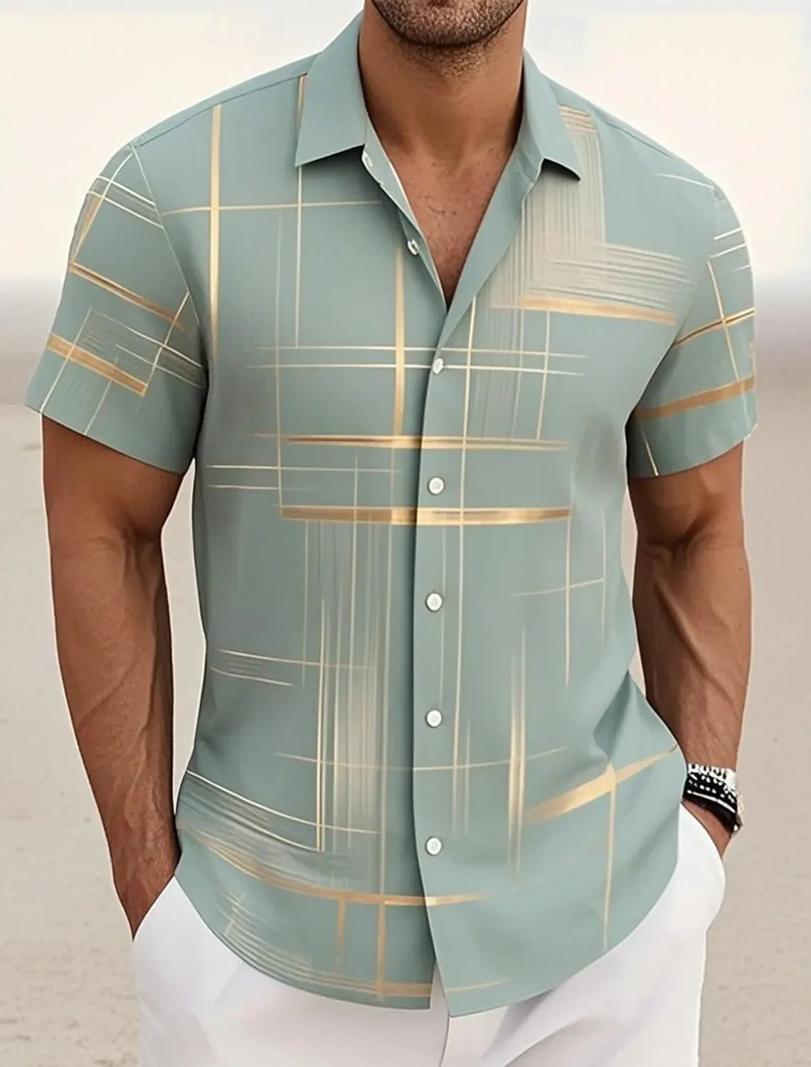 Summer Men's Geometric Grid  Plaid Shirts Short SleeveTurndown Hawaiian Shirt Button Up Shirts No Pockets Shirts