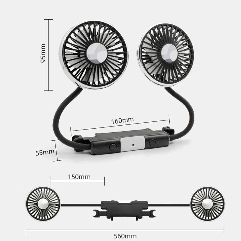 SEAMETAL Car USB Fan Dual Head Cooling Air Fan Independent Switch 3-Speed 360 Degree Adjustable Auto Headrest Fan for Rear Seat