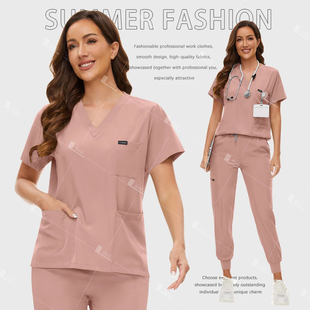 Fashion Surgical Uniforms Medical Scrub Set Doctor Nurse Clinical Workwear Nursing Suit Beauty Spa Work Clothes Scrubs Top Pants