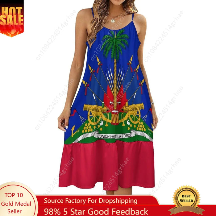 Haiti Flag Haitian Dress Women Sexy Long Suspender Dresses Halter Flared Dresses Casual Midi Dress
