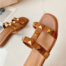 Women Soft Leather Stud Flat Shoes Open Toe Summer Black White Brown Slippers Seam Retro Leisure Slides EU34-43 Big Gold Rivets