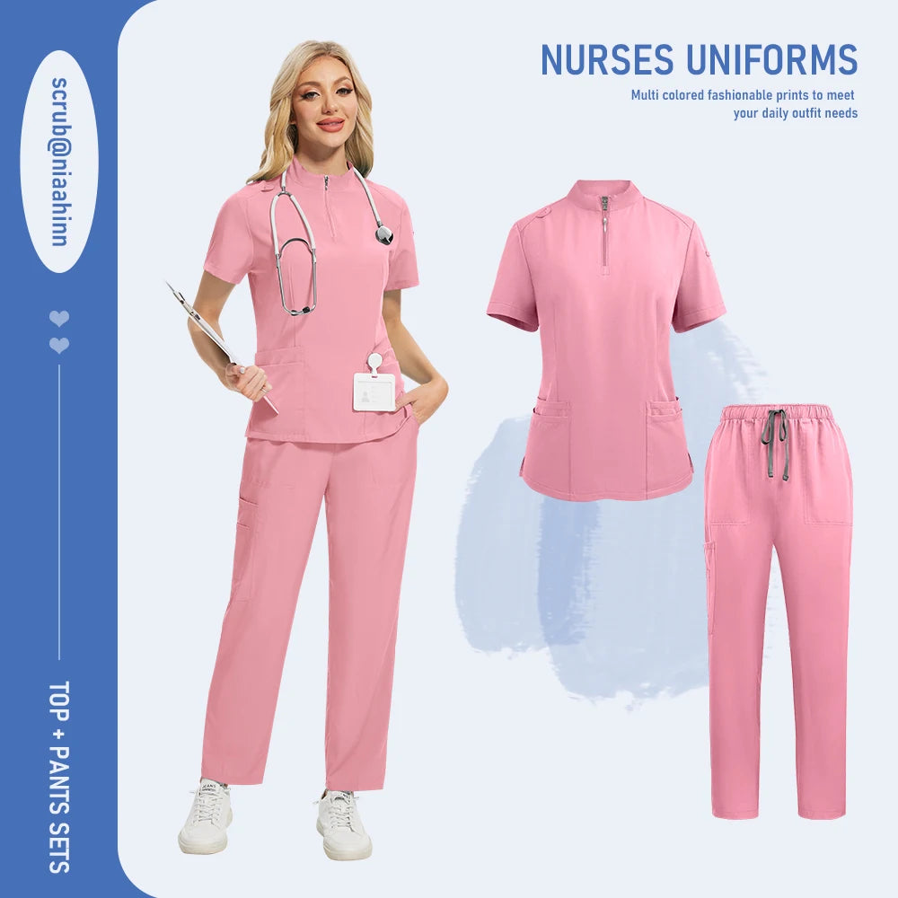 Niaahinn Pants Sets Scrubs Top with Zipper Salon Beauty Spa Uniform Women Men Scrub Uniforms Healthcare Pharmacy Nurse Work Wear