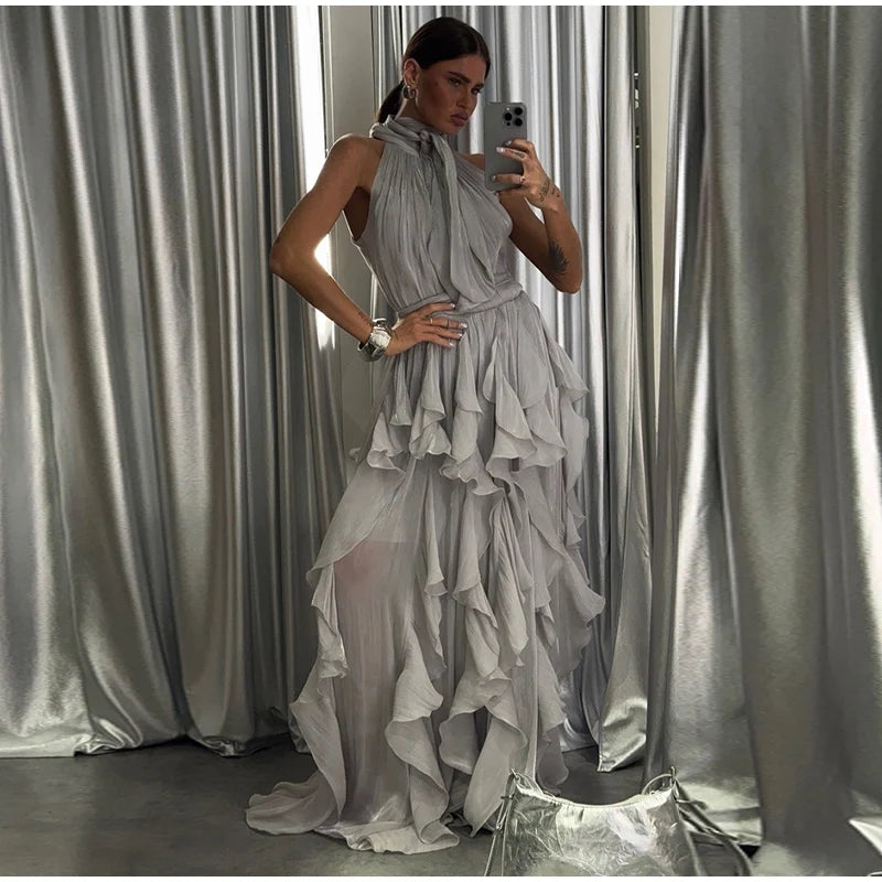 Sexy Cascading Ruffle Pleated Women Long Dress Fashion Lace Up Sleeveless Empire Female Dresses 2026 Spring Summer Lady Robe