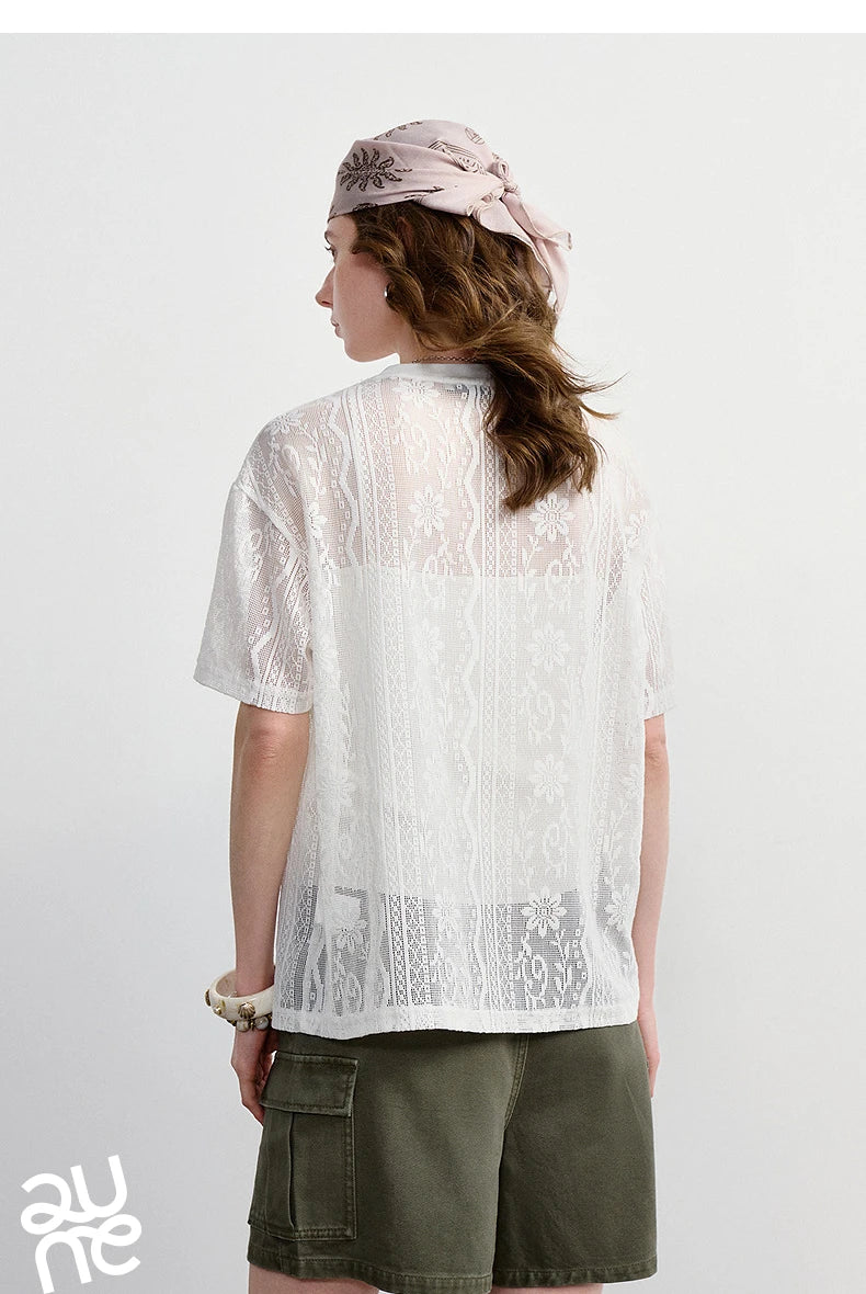 TOYOUTH Women Lace Sheer T-Shirt 2026 Summer New Letter Flower Print Loose Drop Shoulder Fashion Pullover Tops