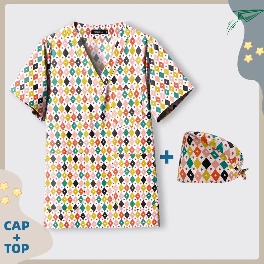 Print Dogs/Cats/Rabbit Scrub Tops Women Men Medical Scrub Shirts Pet Shop Vet Workwear Doctor Nurse Uniform Dentist Overalls Cap
