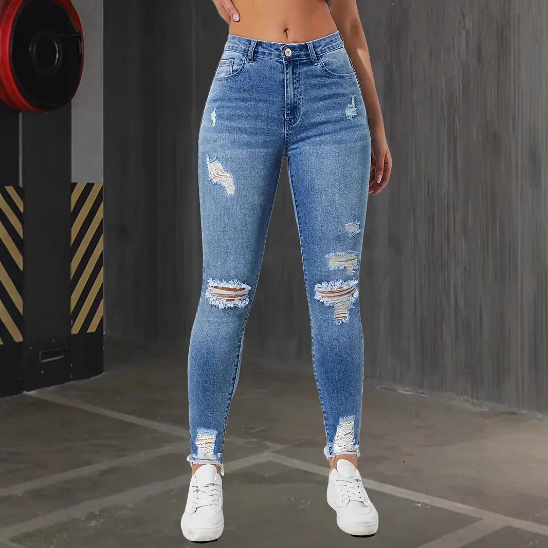 Women Pencil Pants Hole Jeans Streetwear Washed Ripped High Waist Vintage Stretch Distressed Denims Female Ankle Length Trousers