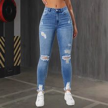 Women Pencil Pants Hole Jeans Streetwear Washed Ripped High Waist Vintage Stretch Distressed Denims Female Ankle Length Trousers