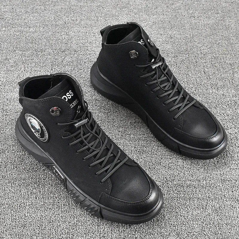 Trendy Breathable Low-Top Fleece-Lined Warm Men's Shoes Autumn/Winter Cow Leather Casual New Thick-Soled Versatile Korean Style