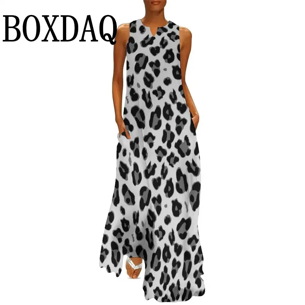 Summer Women Leopard Graphic Print Dress Fashion Elegant Casual V-Neck Sleeveless Tank Long Dresses Ladies Sexy Loose Maxi Dress