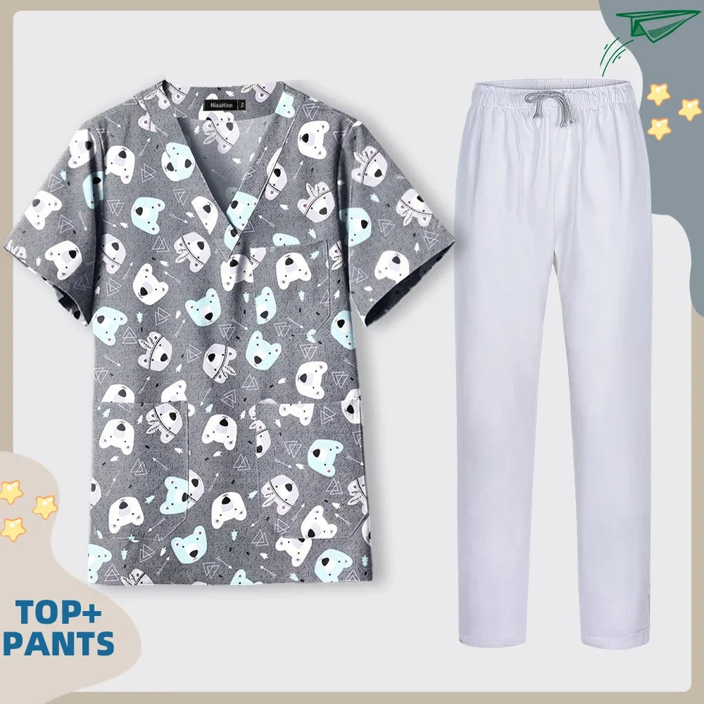 Print Dogs/Cats/Rabbit Scrub Tops Women Men Medical Scrub Shirts Pet Shop Vet Workwear Doctor Nurse Uniform Dentist Overalls Cap