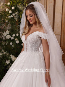 Ball Gown Wedding Dresses for Woman Bride Customized Deep V Neck Off The Shoulder Sequined Applique Court Train Bridal Dresses
