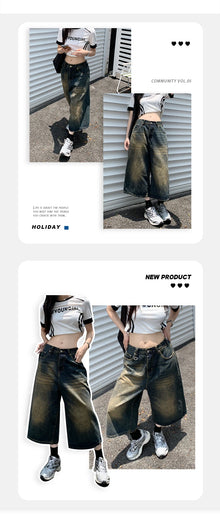 American Vintage High Waist Mid Long Baggy Denim Shorts Women's Casual 2000s Y2K Wide Leg Grunge High Street Style Shorts