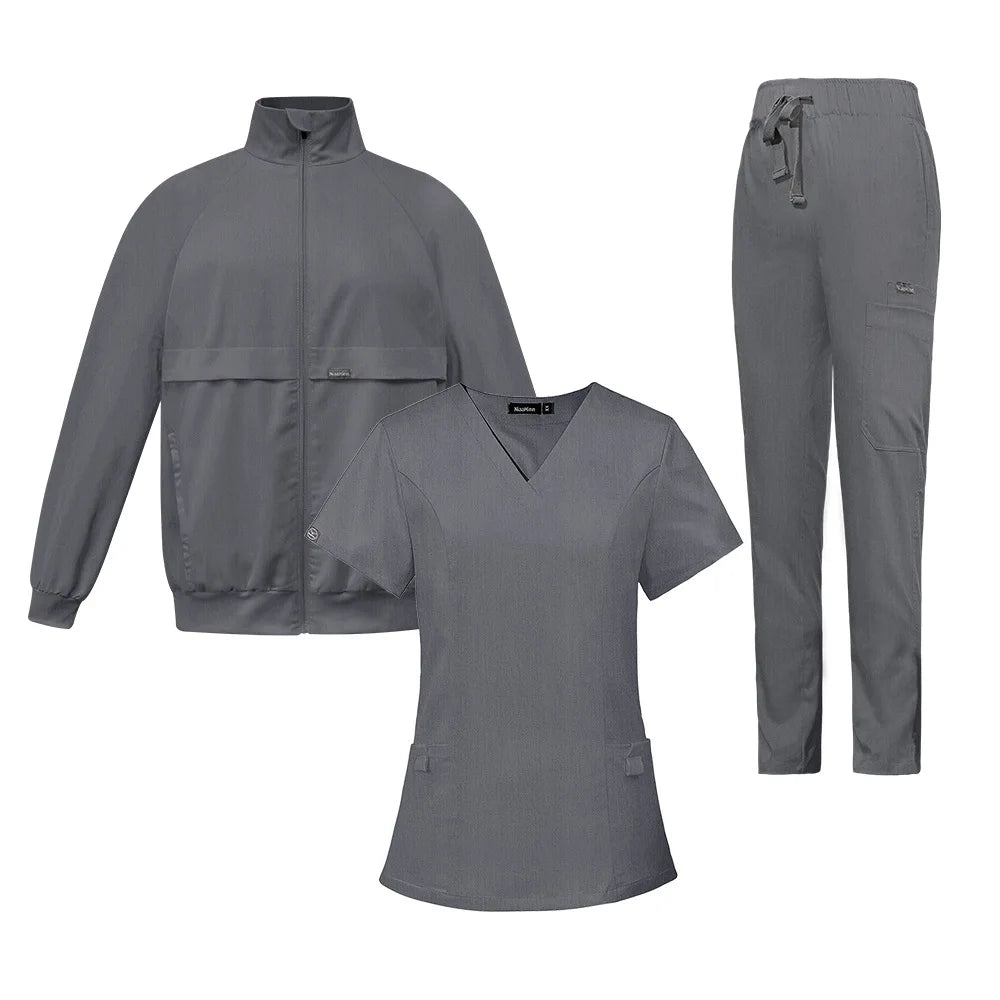 Female Loose Comfy V-neck Short Sleeved Top and Trousers and Coat Three Piece Workwear Solid Fall Winter Nurse Caring Clothes