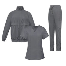 Female Loose Comfy V-neck Short Sleeved Top and Trousers and Coat Three Piece Workwear Solid Fall Winter Nurse Caring Clothes